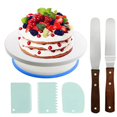 Imagen de 6pcs Juego de Plato Pastel Giratorio Redondo Antideslizante,Soporte Torta Giratoria Pastel,Bandeja para Tartas con 2 Espátulas Acero Inoxidable y 3 Raspador Repostería