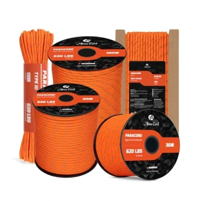 Imagen de Abma Cord Paracord 4mm 9 Hebras 50m Cuerda de Nylon Tipo III 620lbs MAX. 280 kg Reflectante Naranja