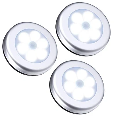 Imagen de Bewinner luz de Sensor movimiento 3Pcs PIR inalámbrico automático nocturna 6 Cuerpo redondo LED Batería alimentada lámpara con para escalera, Gabinete