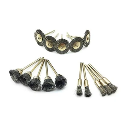Imagen de Juego de 15 cepillos alambre acero abrasivo para herramientas rotativas Dremel, kit accesorios, 3 tipos, color plateado
