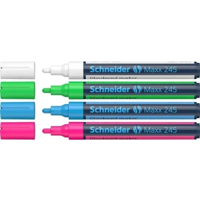 Imagen de Schneider Maxx 245 Rotuladores para pizarra de cristal (para superficies cristal, borrado en seco, 4 unidades), color blanco, verde, azul y rosa