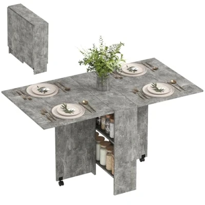 Imagen de HOMCOM Mesa Plegable de Comedor Cocina con Ruedas Alas Abatibles y Estantes para 4 6 Personas 75x140x74 cm Gris Cemento