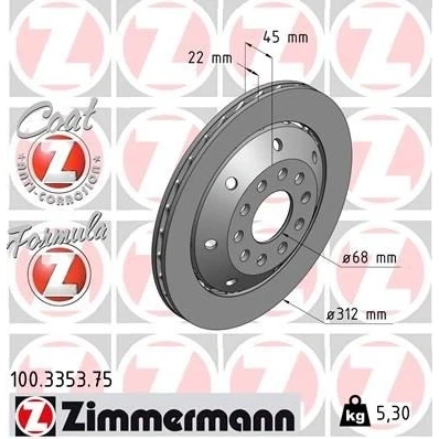 Imagen de ZIMMERMANN FORMULA Z COAT 100.3353.75 disco de freno 312 22 10/5 5 112 ventilado, dos piezas revestido aleado/alt. carburado