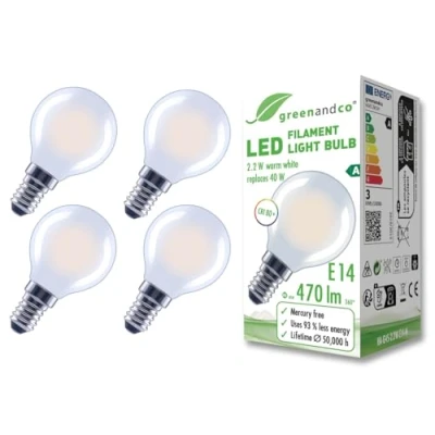 Imagen de greenandco 4x bombilla de filamento LED esmerilado E14 G45 2,2W 470lm sustituye A 40W 2700K blanco cálido 320 230V sin parpadeo clase energética no regulable