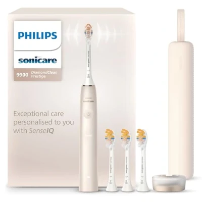 Imagen de Philips Sonicare DiamondClean 9900 Prestige cepillo dental eléctrico, con tecnología SenseIQ y aplicación, 5 modos de cepillado, estuche viaje carga, color champán, modelo HX9992/44
