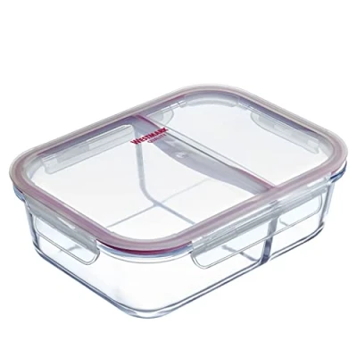 Imagen de Westmark Tarro de cristal, capacidad llenado: 570 ml, con 2 compartimentos separados, apto para microondas y horno, silicona/plástico, transparente/rojo, 234722E1