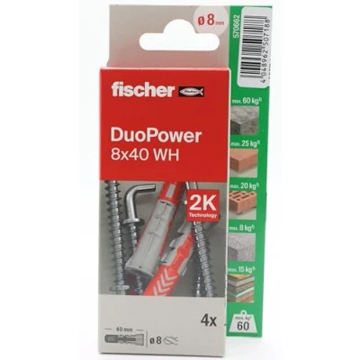 Imagen de fischer Duopower 8x40 Con Alcayata 4U, Tacos para pared multimaterial, sirven Colgar Bicicletas, Cuadros, Armarios, Soportes de Televisión, Estanterías, Muebles.