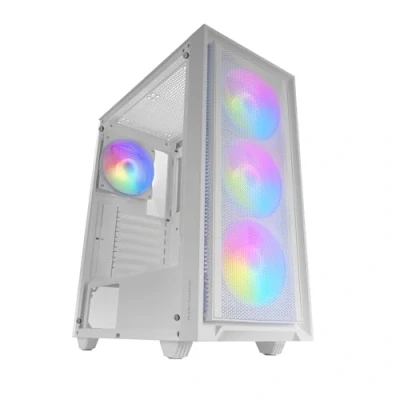 Imagen de MARSGAMING MC Air, Caja Gaming ATX, 4X Ventiladores FRGB Rainbow 120mm, Panel Frontal Mesh, Ventana Lateral Completa Cristal Templado, Semitorre PC Doble Cámara, Soporte Refrigeración Líquida, Blanco