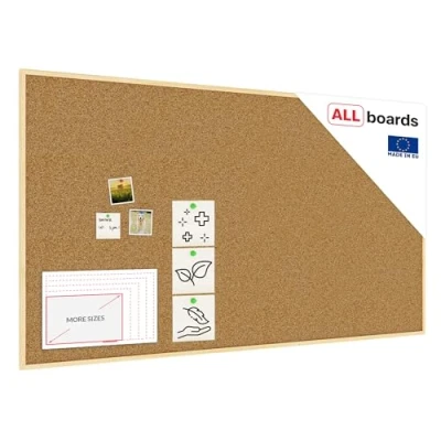 Imagen de ALLboards Tablón de anuncios Corcho con marco madera Perfecto para oficina, lugares públicos, hogar Montaje sencillo [Madera natural Cornisa marrón 180x100cm]