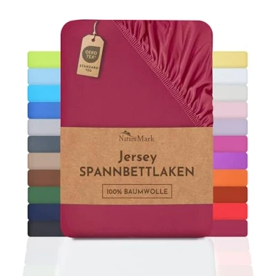 Imagen de NatureMark Sábana Bajera Ajustable de Jersey, 100% algodón en Muchos tamaños y Colores, 140 x 200 cm 160 cm, Burdeos Rojo