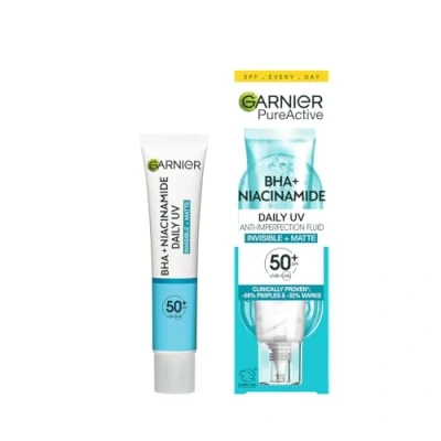 Imagen de Garnier Pure Active Fluido Anti imperfecciones UV Diario FPS50+ con BHA y Niacinamida, acabado Mate e Invisible, para pieles grasas tendencia acneica, 40 ml