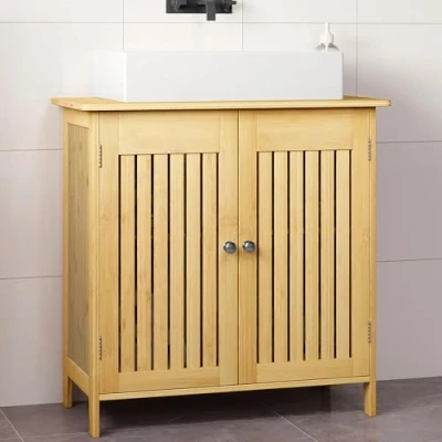 Imagen de EUGAD Armario Baño con Puertas, Mueble Bajo Lavado, Muebles Estantes de Almacenaje, Auxiliar, Pie Bambú, Patas Altas, Antihumedad, 60x30x60 cm