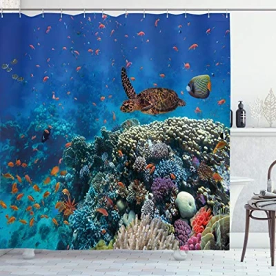 Imagen de ABAKUHAUS Pescado Cortina de Baño, Tropical Tortuga Agua, Material Resistente al Agua Durable Estampa Digital, 175 x 200 cm, Multicolor