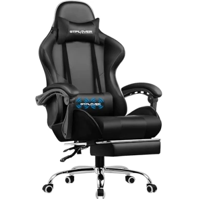 Imagen de GTPLAYER Silla Gaming con Masajeador Ergonómica Gamer Reposapiés Reposacabeza, de Oficina Ergonómica, Soporte Lumbar, Juego Ajustable en Altura, Negro