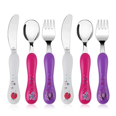 Imagen de Lehoo Castle Cubiertos Infantiles, 6 Pcs Mariposa Bebe Acero Inoxidable con 2 x Tenedores Infantil, Cuchillos Niños, Cucharas Infantiles (Rosa 6)