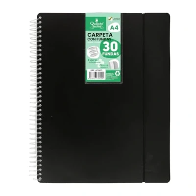 Imagen de Quijote Paper World Carpeta Espiral Flexible Organizadores, con 30 fundas, transparentes lisas, A4, tapa de plástico resistente. Uso oficina, escolar, personal Color NEGRO.