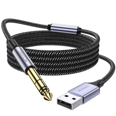 Imagen de MOSWAG Guitar Line 2M, USB a 4/1 pulgadas Cable de audio, 1/4 macho TRS Audio estéreo para micrófono externo, guitarra, bajo, altavoces, etc