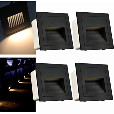 Imagen de Arote Juego de 4 lámparas led empotrables pared iluminacion escalera (3 W, aluminio, 230 V, luz blanca cálida, IP65, impermeable), color negro