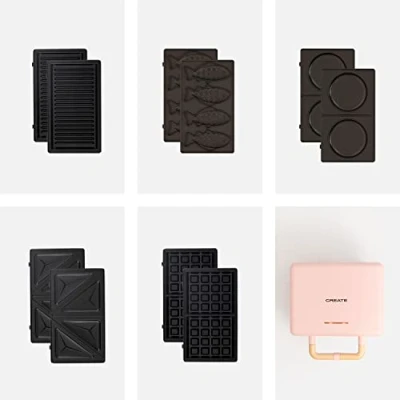 Imagen de CREATE/STONE STUDIO/Sandwichera Grill y gofrera doble rosa / 5 placas intercambiables: Grill, Gofre, Sandwich, Taiyaki Tortitas, antiadherente, apertura 100º, autoapagado, retro, 800W