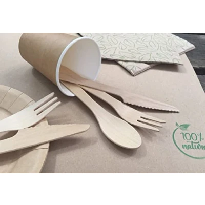 Imagen de 18 cubiertos de madera compostable FSC (6 cuchillos + 6 tenedores cucharas)