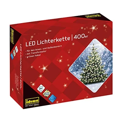 Imagen de Idena 31123 Cadena de luces LED con 400 en blanco cálido, función temporizador 8 horas y transformador, uso interiores exteriores, como decoración para fiestas, navidad, bodas
