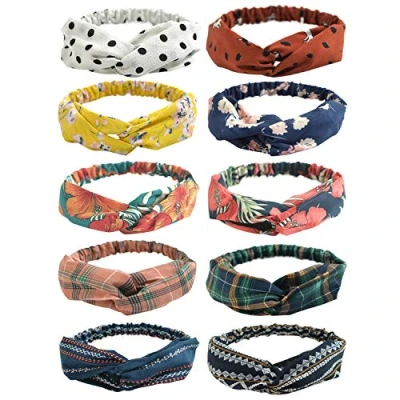 Imagen de DRESHOW 10 Piezas Boho Mujer Diademas Flor Vintage Impreso Criss Cross Anudado Elástico Banda para el Cabello Band Accesorios de Pelo Yoga Cabeza Wraps Mujeres