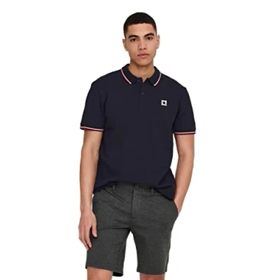 Imagen de ONLY &amp; SONS Onsfletcher Slim SS Polo Noos, Azul Marino Oscuro/Detalle: Rayas Blancas Brillantes y de Contraste Rojo, S para Hombre