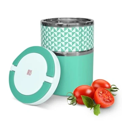 Imagen de Iris Barcelona Lunch Box Doble, Fiambrera Térmica de Acero Inox 18/8, Taper con 2 Compartimentos, Tapa Aislante, Asa, Válvula Anti Vacío y BPA Free, 900 ml Verde