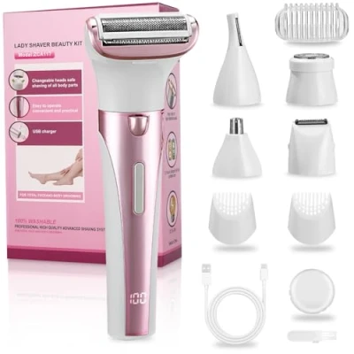 Imagen de Afeitadora Mujer, 5 en 1 Electrica con estación recargable USB, Rasuradora Mujer Zona Intima, para El Cuerpo, Las Axilas, La Línea Del Bikini, Cejas y Nariz Rosa