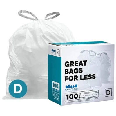 Imagen de Plasticplace bolsas de basura ajuste personalizado, compatibles con Simplehuman Code D cordón blanco 5.3 galones/20 litros, 15.75 x 28 pulgadas, 100 unidades (paquete 1)