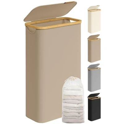 Imagen de SONGMICS Cesto de Ropa Sucia con Tapa, Cesta Delgada, 65 L, Ahorra Espacio, Forro Malla Extraíble, Tejido Oxford, Asas Bambú, Plegable, 42 x 22,5 70,5 cm, Marrón Camello LCB506N02