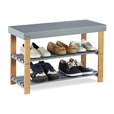 Imagen de Relaxdays, 45 x 70 28,5 cm, Gris, Banco Zapatero, 2 Niveles, para Sentarse, Bambú con Vetas Naturales