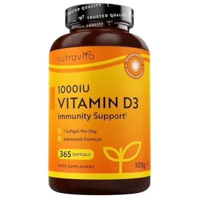 Imagen de Vitamina D3 1000 UI 365 Cápsulas de Gel Colecalciferol (Suministro Para Un Año) D Contribuye al Mantenimiento Huesos y Dientes Normales Hecho en el Reino Unido por Nutravita