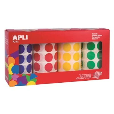 Imagen de APLI Kids 13793 Pack 4 rollos de gomets redondos, 20 mm, colores azul ,rojo, amarillo y verde 7.080uds