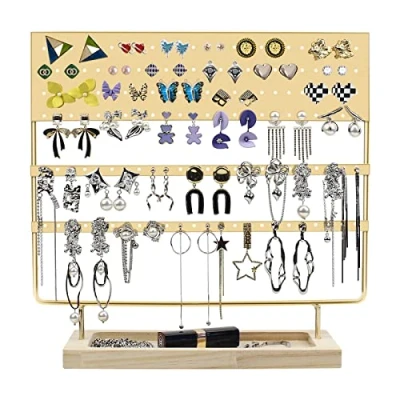 Imagen de RUBY Porta Joyas Para Mujer, Pendientes de Metal, Caja Guardar Pendientes, Expositor Madera Y Metal
