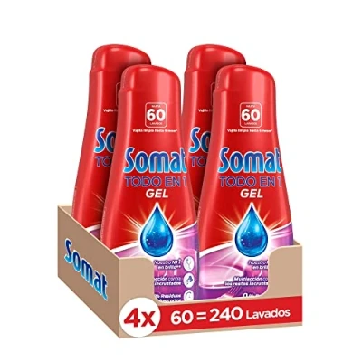 Imagen de Somat Todo en 1 Gel Detergente lavavajillas 60 Dosis (pack de 4, total: 240 lavados), jabón con gran poder limpieza para ciclos cortos, vajilla brillante