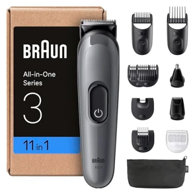 Imagen de Braun Todo En Uno Series 3 AIO3565, Kit De Styling 11en1, Lámina Ultra Afilada, 14 Longitudes, Recorte Preciso Para Cara Y Pelo, Autonomía 50 Min, Fácil Rápido, Gris