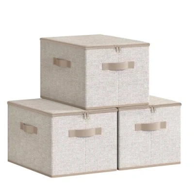 Imagen de SONGMICS Cajas de Almacenamiento Plegables, Juego 3 Organizadores en con Tapas y Asas, para Ropa, 40 x 30 25 cm, Tejido Tela No Tejida, Beige Arena RZB003K01