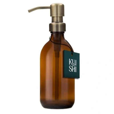 Imagen de Kuishi Botella de Vidrio ámbar con Bomba Acero Inoxidable [300 ml, Dorada], Botellas marrón Recargables Ideal para Lavado a Mano, champú, acondicionador (sin BPA)