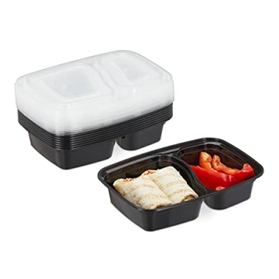 Imagen de Relaxdays Fiambreras Plástico, Set de 10, 2 Compartimentos, Meal Prep, Microondas, 800 ml, Recipientes con Tapa, Negro