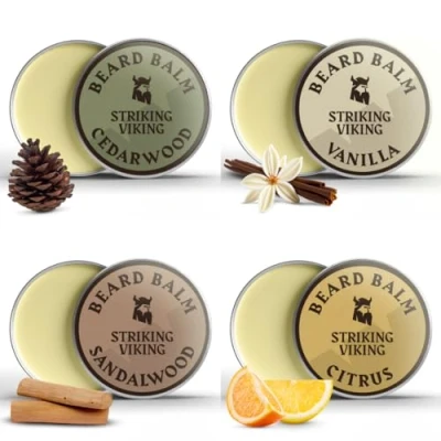 Imagen de Striking Viking Acondicionador de bálsamo para barba hombres Paquete variado 4 con aromas vainilla, sándalo, cítricos y madera cedro Estilos condiciones manteca