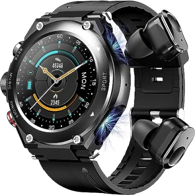 Imagen de reloj inteligente, inteligente redondo de 1,28 pulgadas, auricular Bluetooth TWS incorporado, monitor frecuencia cardíaca, SpO2, sueño, IP67 a prueba agua para Android iOS