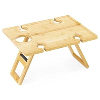 Imagen de Navaris Mesa Plegable de Bambú Portatil Pequeña Exterior con Soporte para Copas y Botella Playa Camping Picnic Jardin Balcon