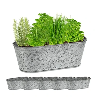 Imagen de Relaxdays Set 6 Jardineras de Zinc, Macetas Galvanizadas, Maceterios Hierro Ovalados Exterior, 11x30,5x13,5 cm, Plateado