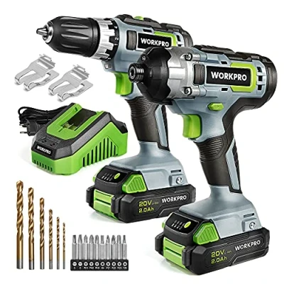 Imagen de WORKPRO Atornillador Eléctrico 20V, Taladro a Batería 2 Velocidades, Atornilladores Combinados, Baterías, Cargador Rápido, Luz LED, 21pc Accesorios