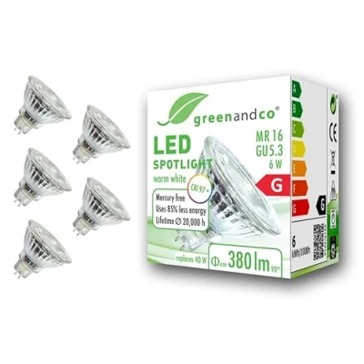 Imagen de greenandco 5x Spot LED IRC 97+ 2700K 36 GU5.3 MR16 6W (corresponde a 40W) 380lm SMD 12V AC/DC, no regulable