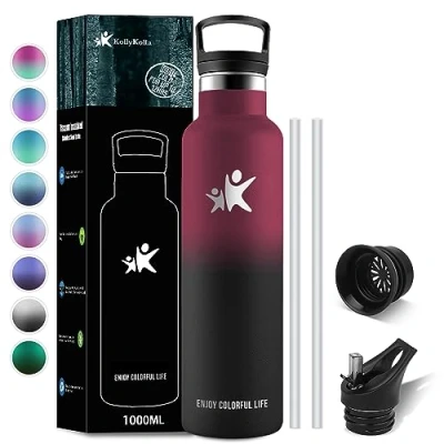 Imagen de KollyKolla Botella Termica Deportiva con Pajita y Filtro, Acero Inoxidable 1 litro, Sin BPA, Cantimplora Reutilizable, Termo de Agua para Adultos, Gimnasio, Ciclismo