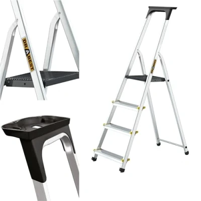 Imagen de Drabest ESCALERAS SERIE PRO Escalera de Tijera Aluminio Doméstica 4 Peldaños 150kg con Pies Antideslizantes y Plataforma Trabajo 43x145x12cm