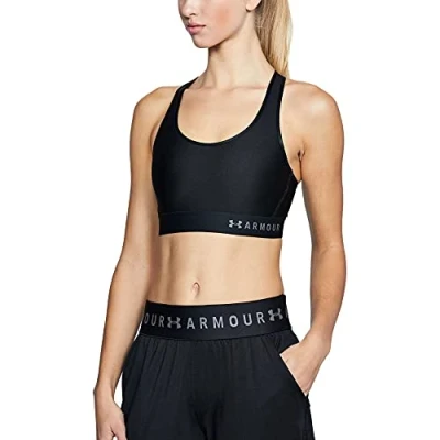 Imagen de Under Armour Mid Keyhole Sujetador para Mujer Deportivo, Ropa de Deportiva compresión, cómodo sujeción Secado rápido, Black/Black/Metallic Silver (001), XS