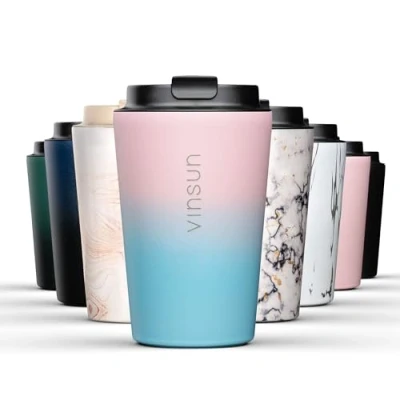 Imagen de VINSUN Taza Termica Acero Inoxidable 350ml Vaso Termico Cafe y Te con Tapa Reutilizable, sin BPA, Antigoteo Termo para Llevar (Coche, Viaje, Oficina)